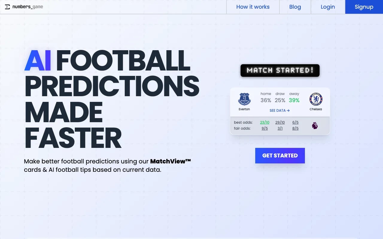 Numbers Game Data Analytics showing Data Analytics - AI-powered football stats, predictions, and value betting insights for s