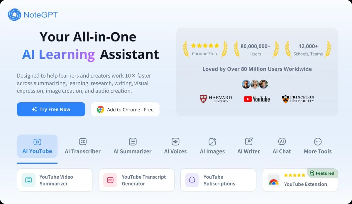 NoteGPT Productivity & Collaboration showing ai learning assistant - Your all-in-one AI note-taking, summarization, and learn