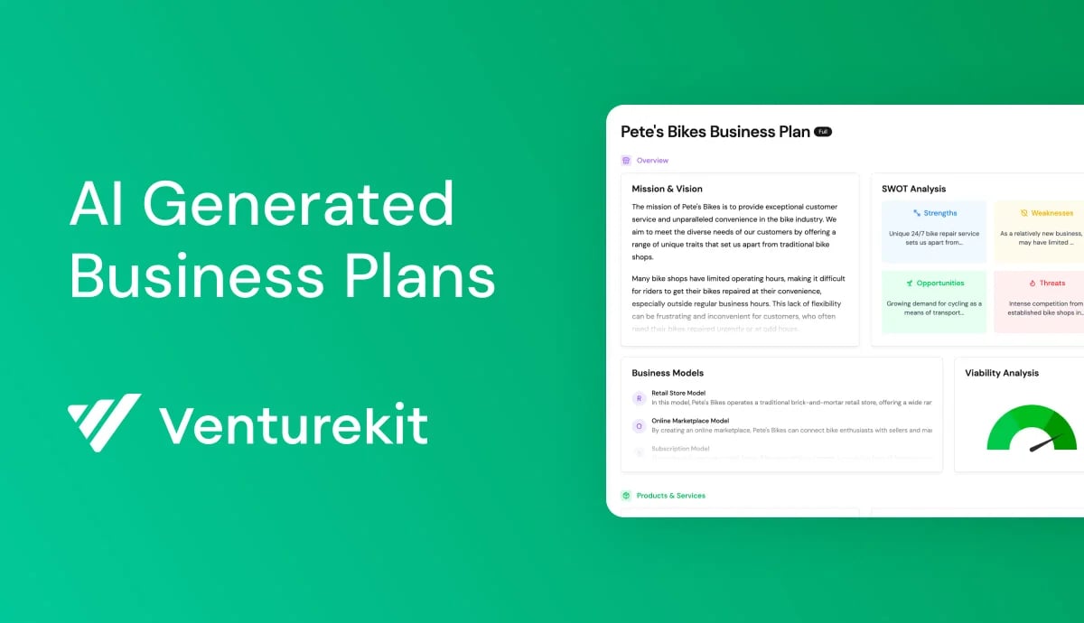 Venturekit Conversational AI showing Conversational AI - Create a world-class business plan in minutes with AI