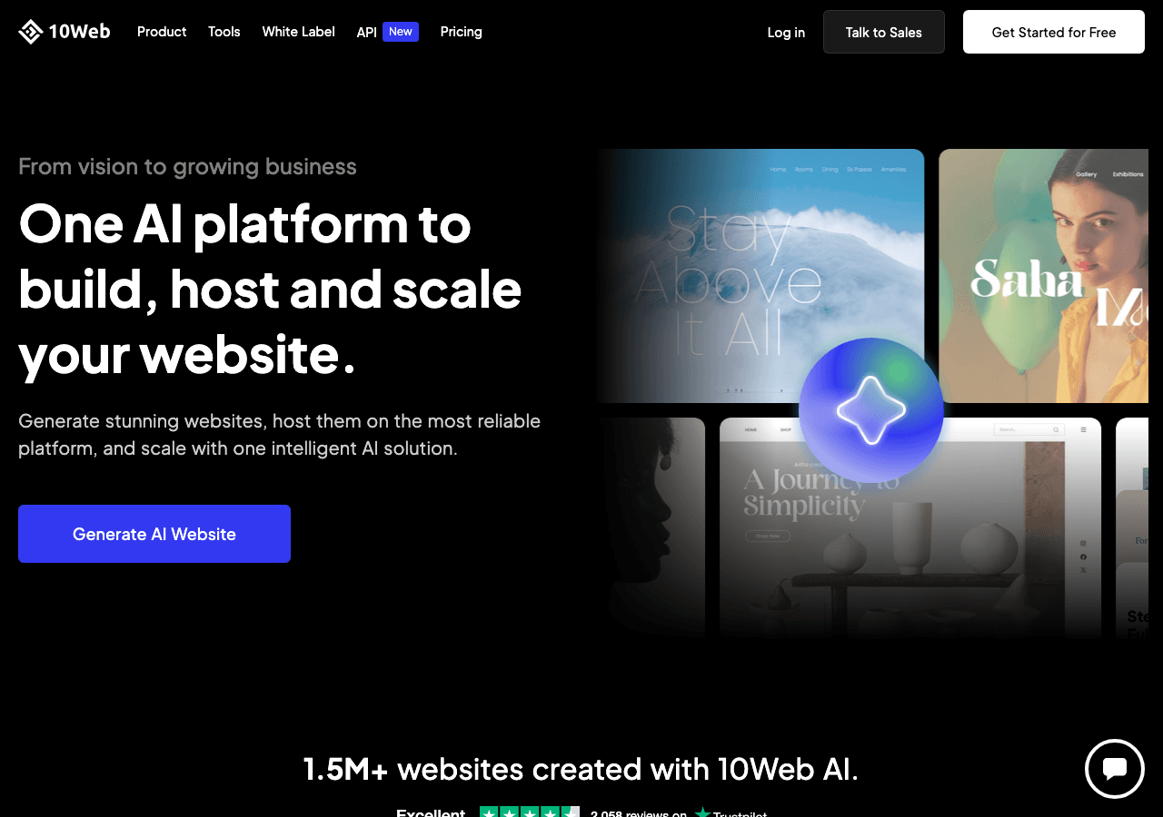 10Web Design showing ai website builder - Build, host, and manage WordPress websites