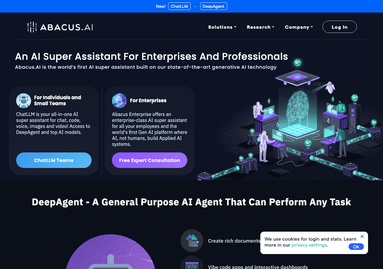 Abacus.AI Data Analytics showing Data Analytics - The World's First AI Super-Assistant for Enterprises and Professionals
