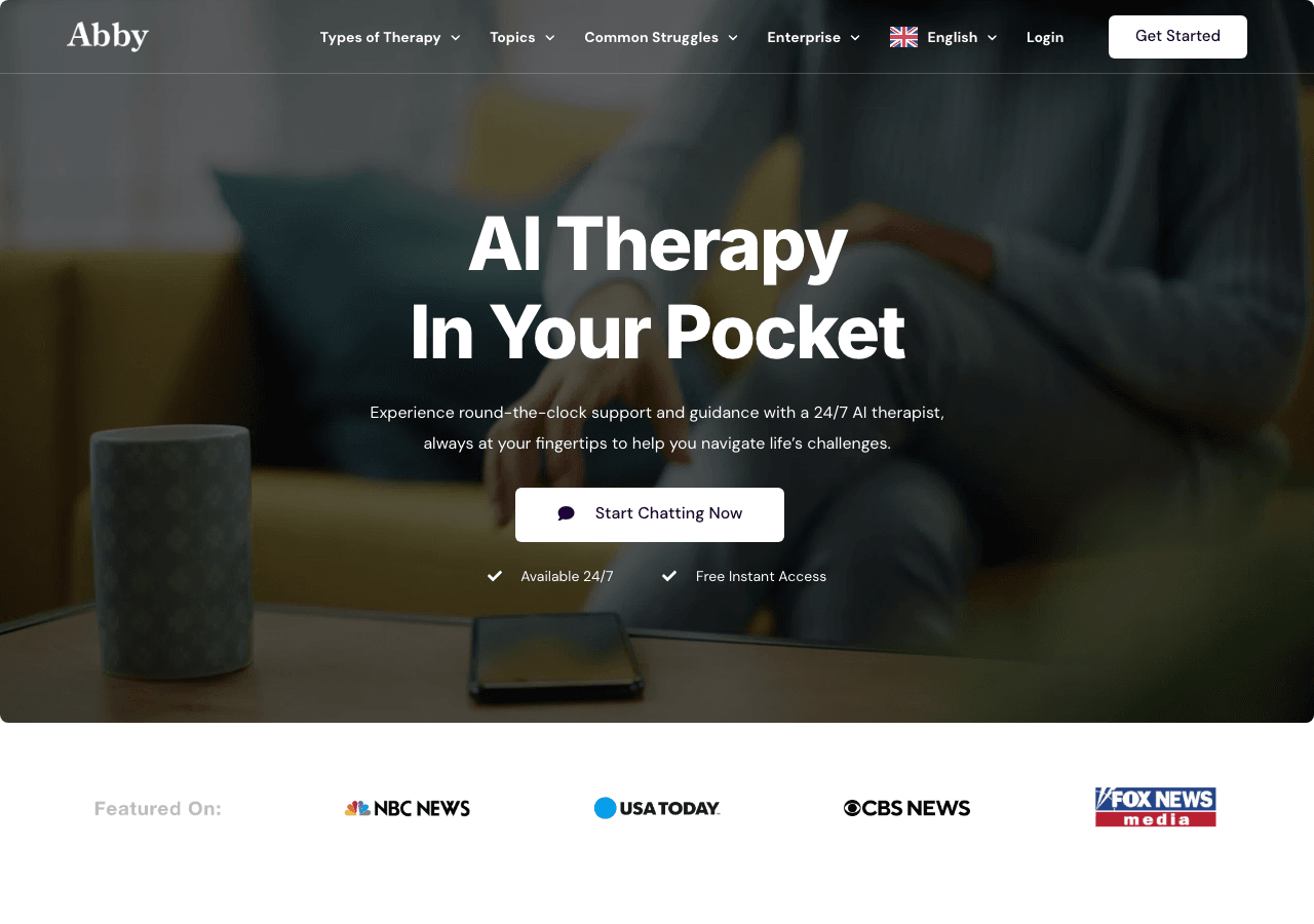 Abby - Your AI Therapist Conversational AI showing Conversational AI - Your 24/7 AI companion for thoughtful mental health su