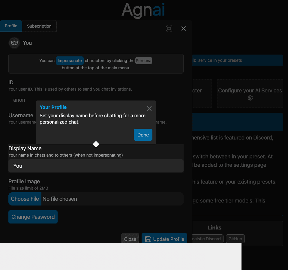 Agnai Chat Conversational AI showing Conversational AI - AI Roleplay Chat with Personalized Characters