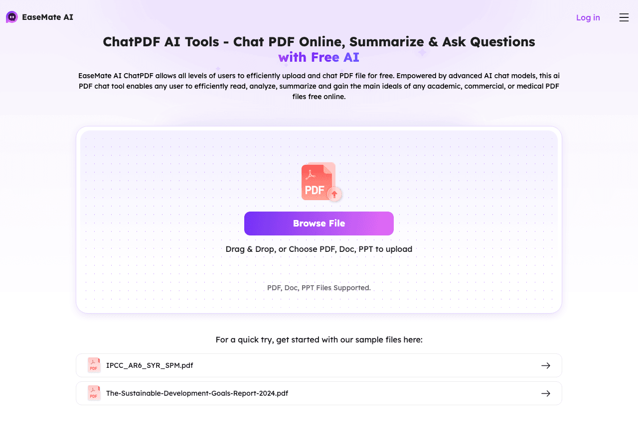 EaseMate ChatPDF AI Conversational AI showing Conversational AI - Chat with your PDFs—summarize, analyze, and extract key det
