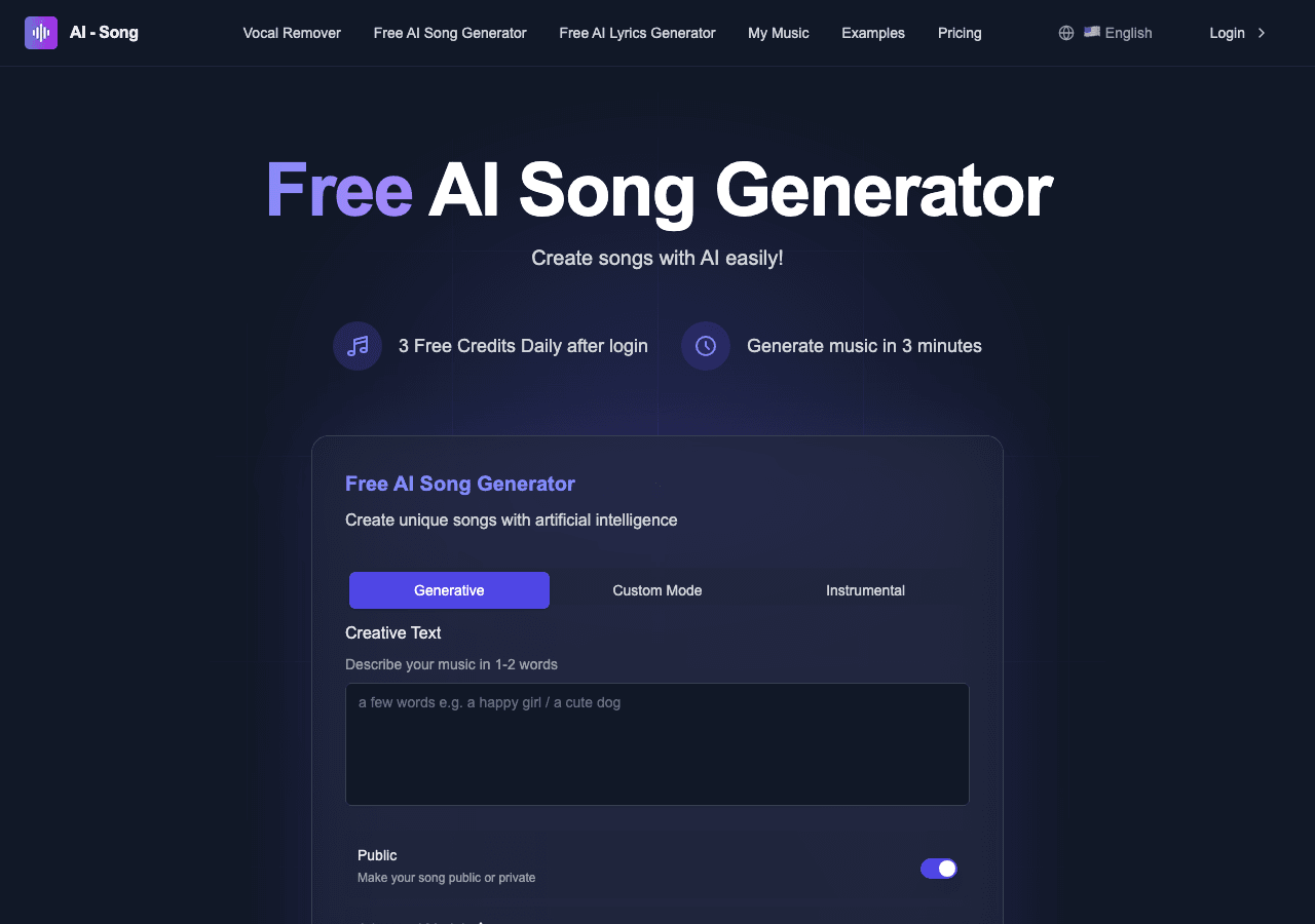 AI-Song Audio Generation showing Audio Generation - Create original songs with the power of AI – free, fast, and unique