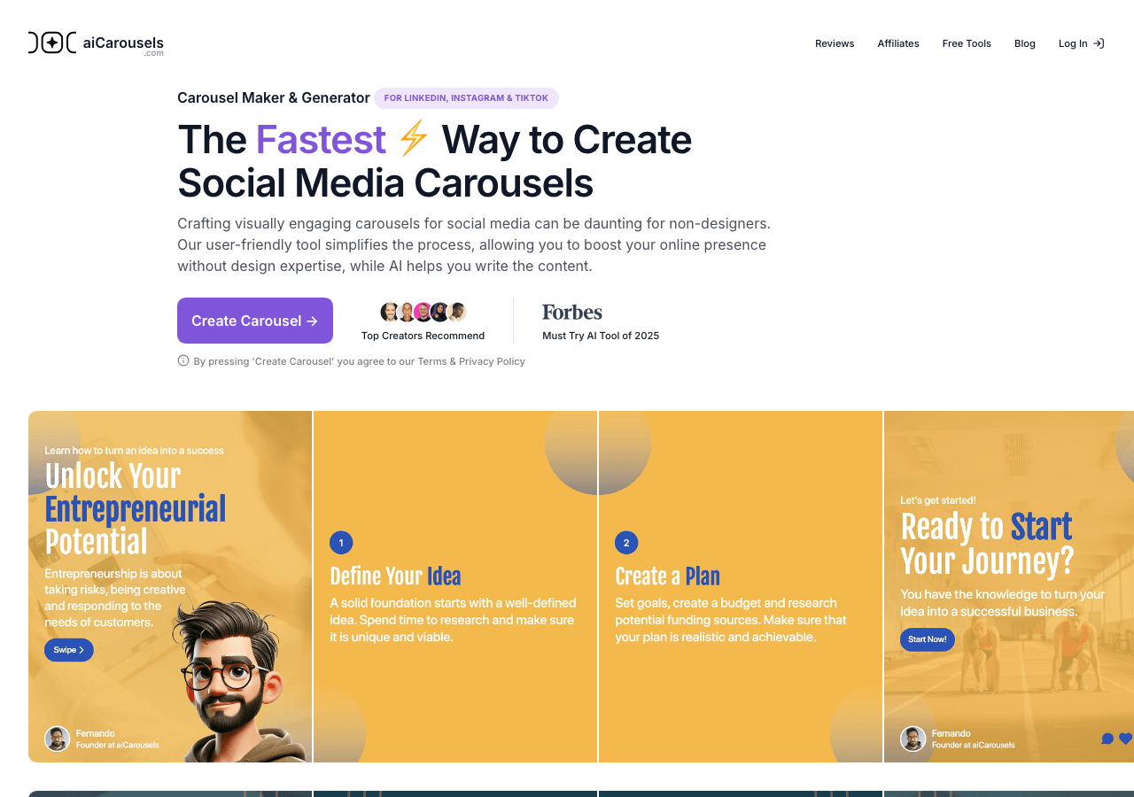 aiCarousels Design showing Design - The fastest way to turn any idea into a stunning social media carousel—no design skills n