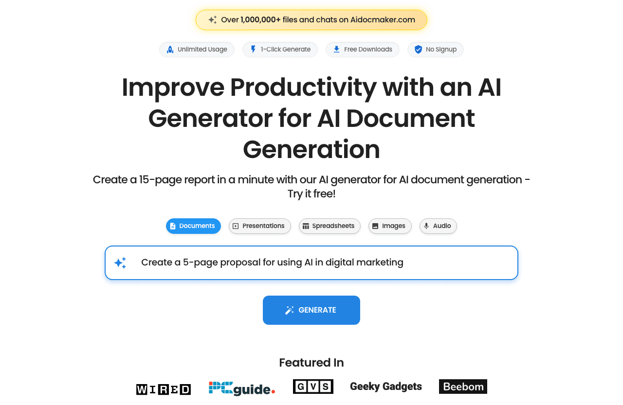 Aidocmaker Productivity & Collaboration showing document automation - Streamline your document creation