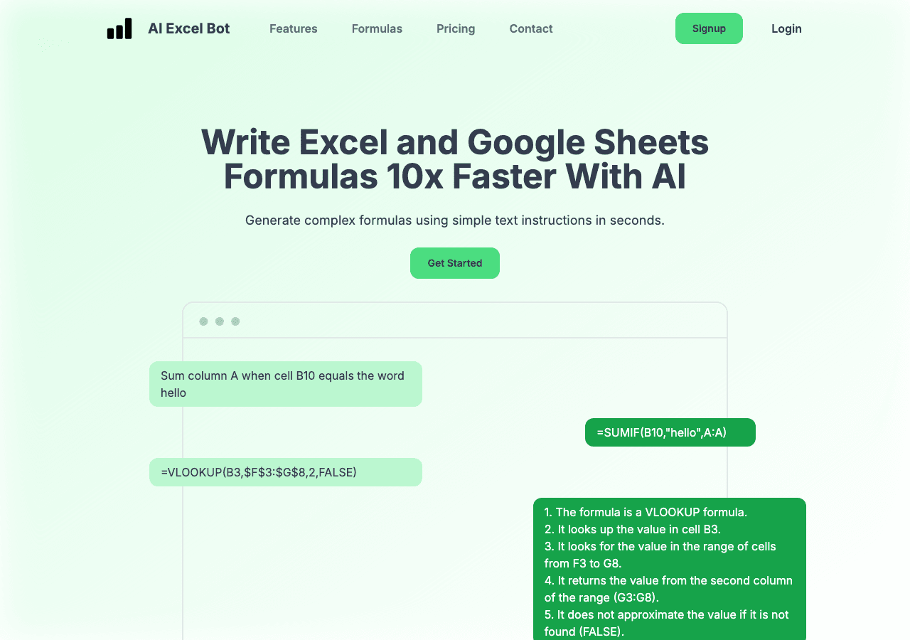 AI Excel Bot Data Analytics showing Data Analytics - Generate Excel & Google Sheets Formulas 10x Faster With AI