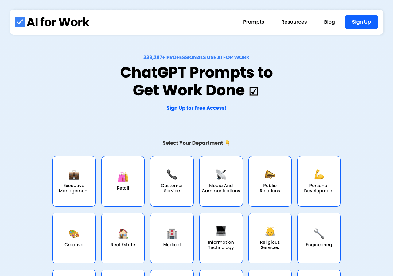 AIforWork.co Conversational AI showing Conversational AI - Unlock workplace productivity with AI prompts and resources