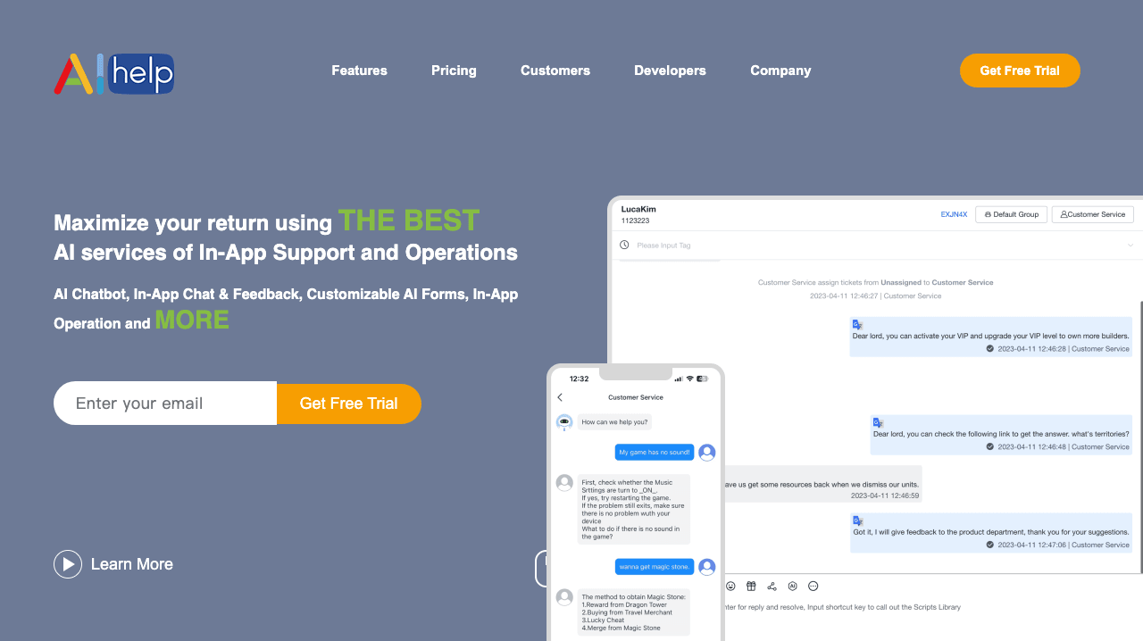 AIHelp Conversational AI showing Conversational AI - Empowering your customer service with AI