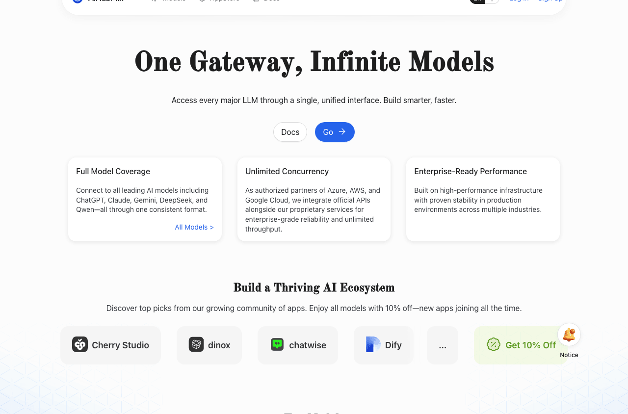 AiHubMix Conversational AI showing Conversational AI - One API. Every Major AI Model. Unlimited Potential.