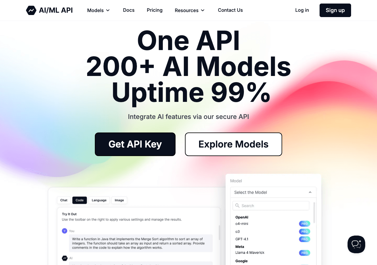 AI/ML API Conversational AI showing Conversational AI - Access 300+ AI models instantly with a single API—scalable, fast, and