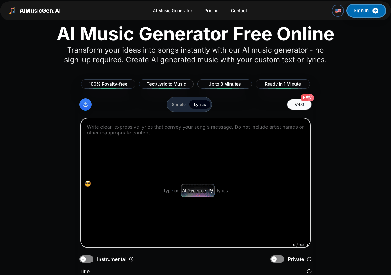 AIMusicGen.ai Audio Generation showing Audio Generation - Transform your ideas into songs. Instantly. Professionally. Royalty