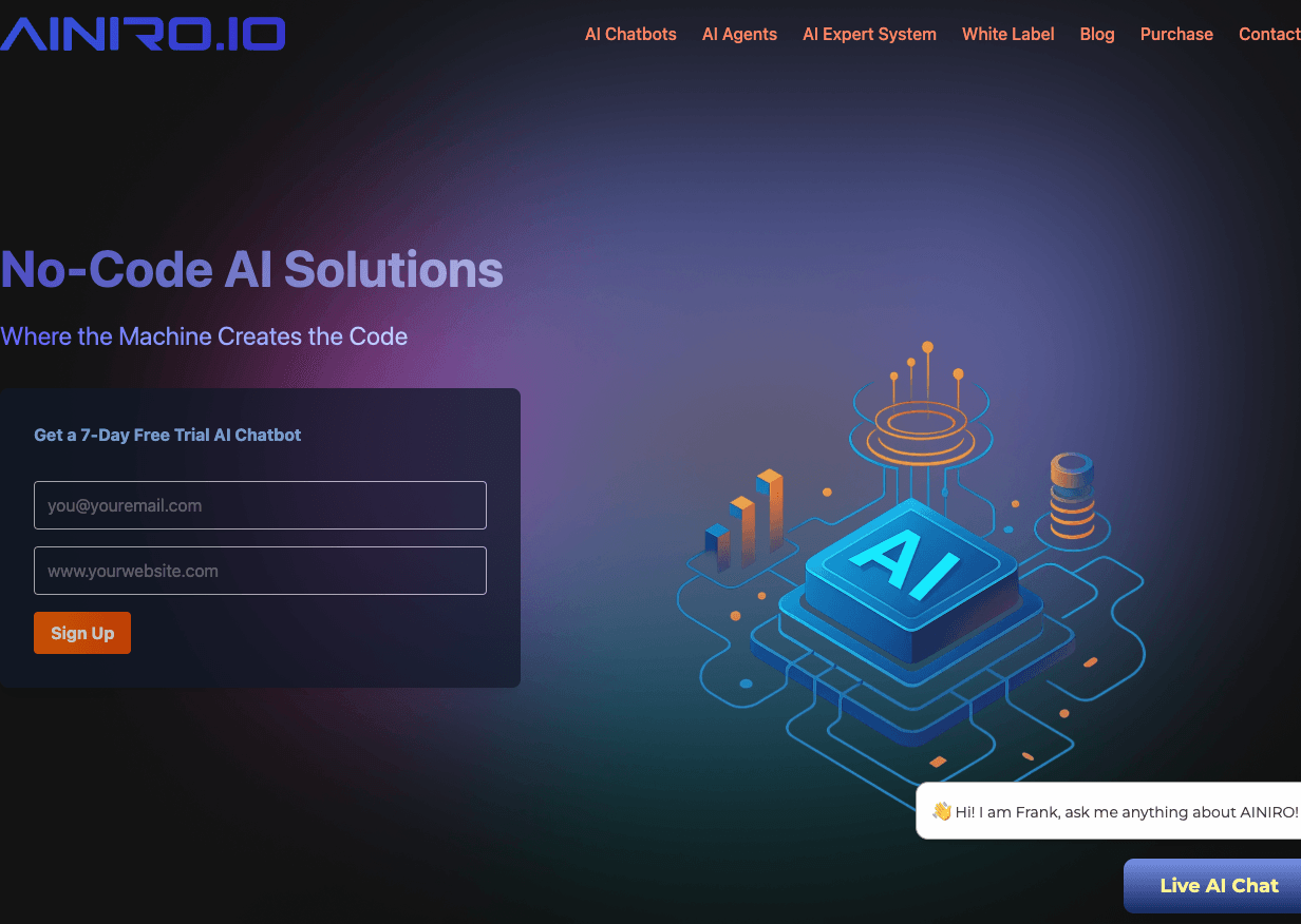 AINIRO.IO Conversational AI showing Conversational AI - No-code AI agents and chatbots that turn your ideas into full-stack a
