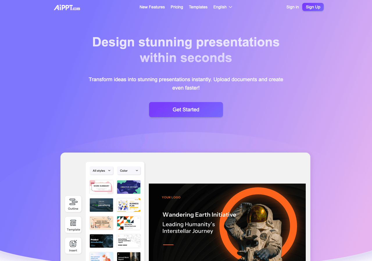 AiPPT Design showing Design - Transform Ideas into Professional Presentations with AI