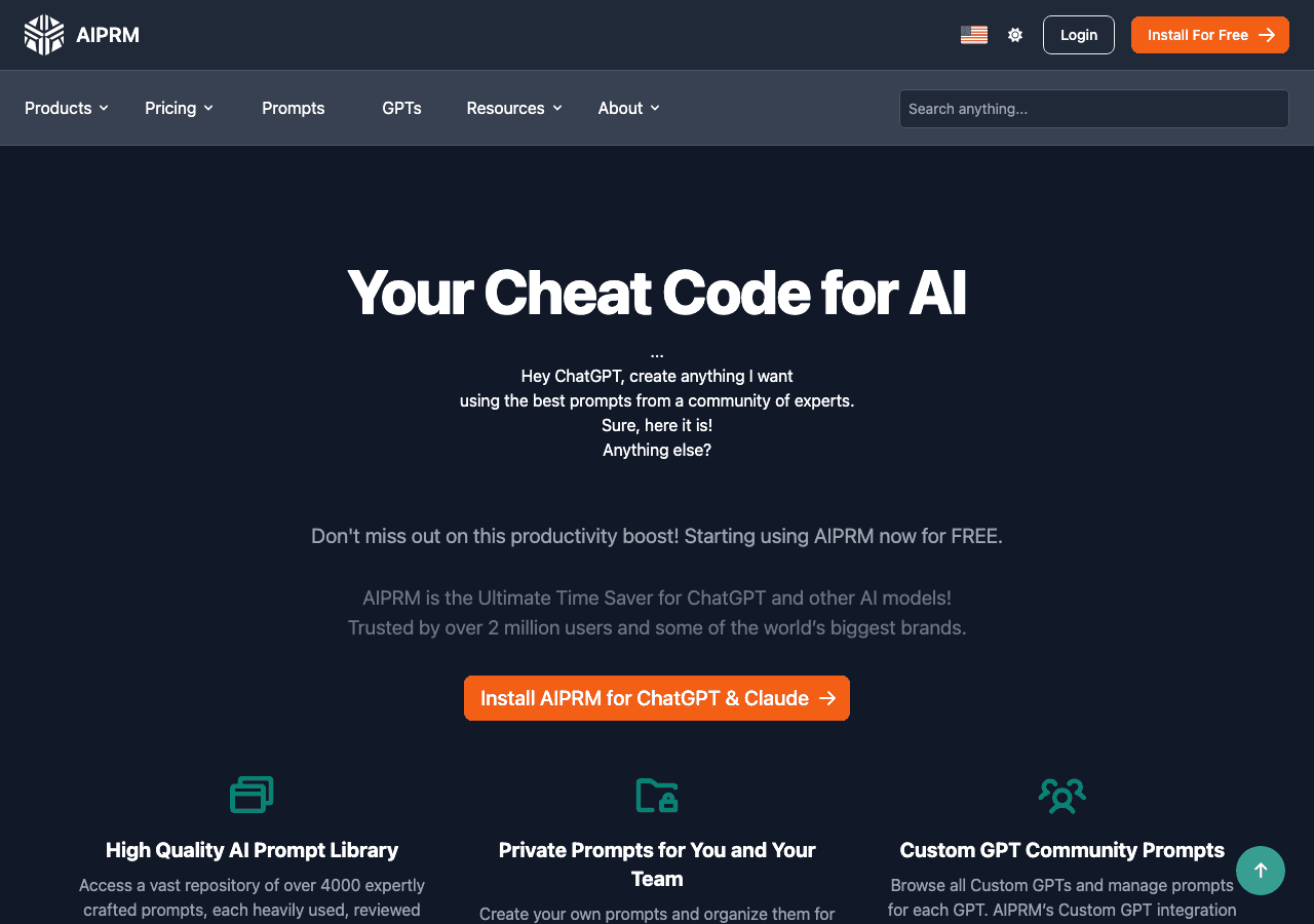AIPRM Productivity & Collaboration showing prompt management - Your Cheat Code for ChatGPT