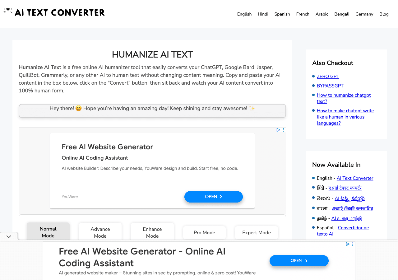 AiTextConverter.com Writing & Translation showing Writing & Translation - Humanize AI Text Instantly