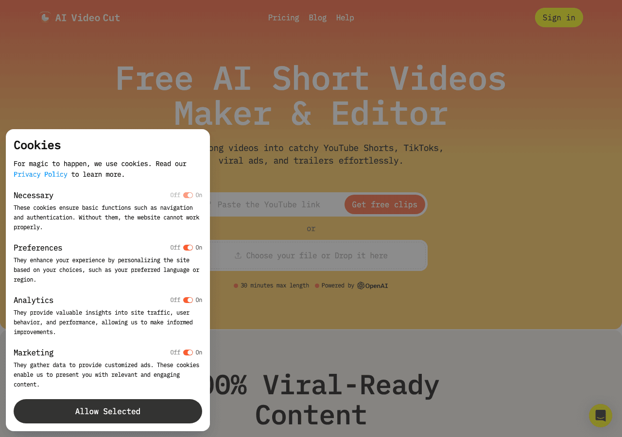 AI Video Cut Video Editing showing Video Editing - Create viral short videos from long clips—powered by AI prompts and captio