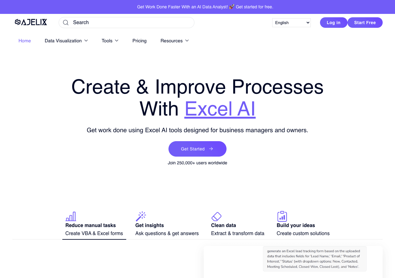 Ajelix Data Analytics showing Data Analytics - AI Excel Tools for Smarter Spreadsheets