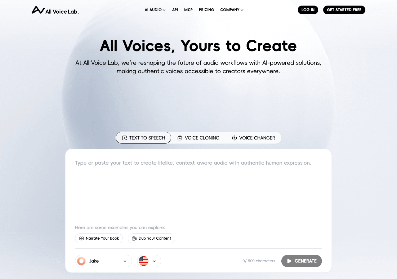 All Voice Lab Audio Generation showing Audio Generation - High-fidelity voice AI for creators, dubbing, and global content.