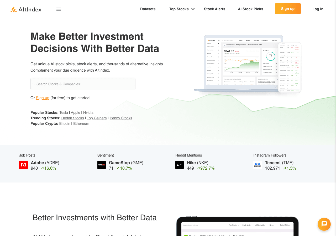 AltIndex Data Analytics showing Data Analytics - Smarter Stock Picks, Powered by Alternative Data and AI