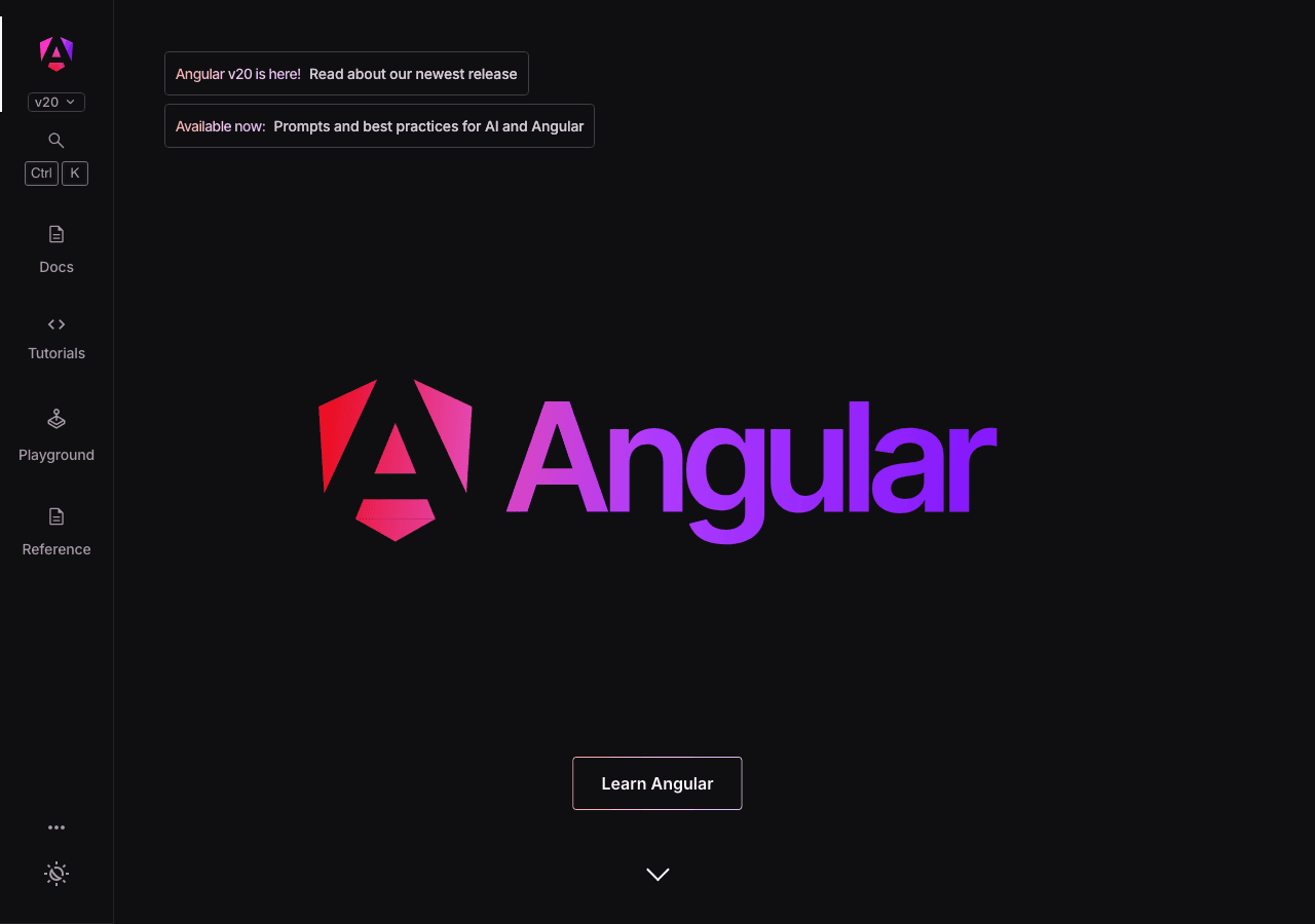 Angular.dev Code Assistance showing angular framework - The framework for building scalable web apps with confidence