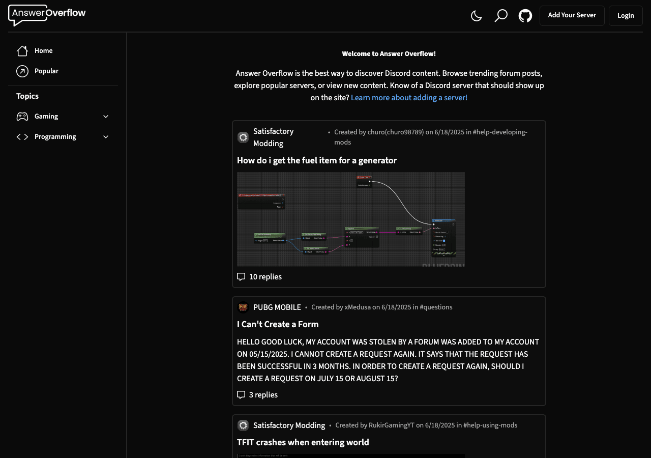 Answer Overflow Search & Discovery showing Search & Discovery - Unlock and index your server’s Q&A—make every answer discover