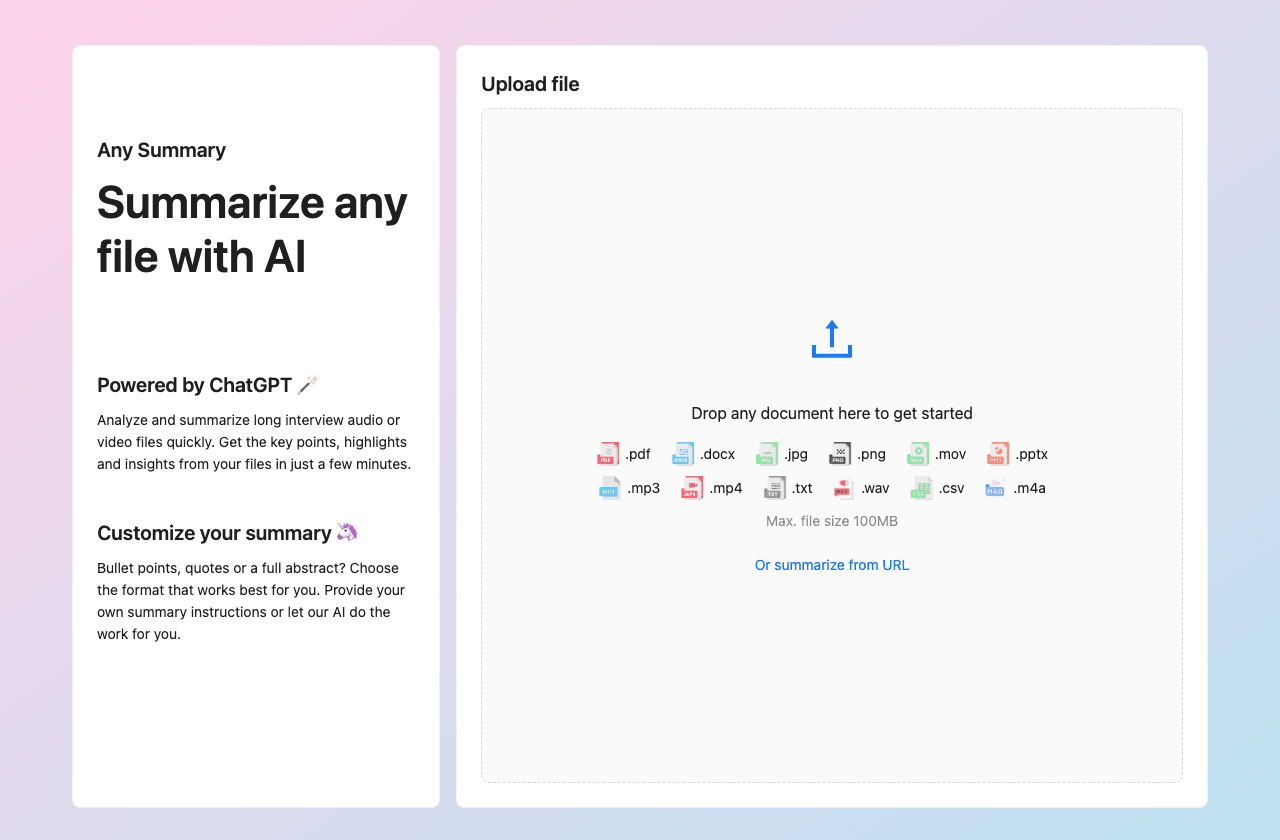 AnySummary Conversational AI showing Conversational AI - Summarize any file with AI—extract key information in minutes.