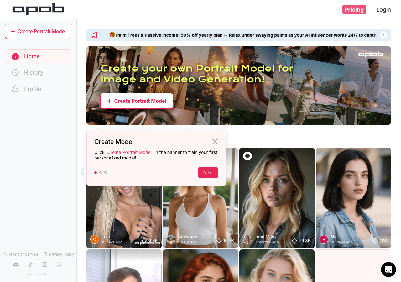 APOB.AI Video Generation showing Video Generation - Create hyper-realistic AI influencers, avatars, and videos with ease