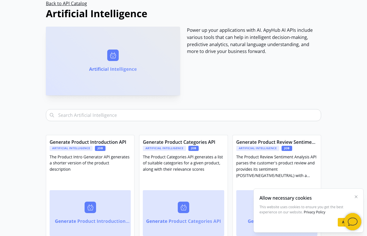 ApyHub Code Assistance showing Code Assistance - Powering Developers with AI-Driven APIs