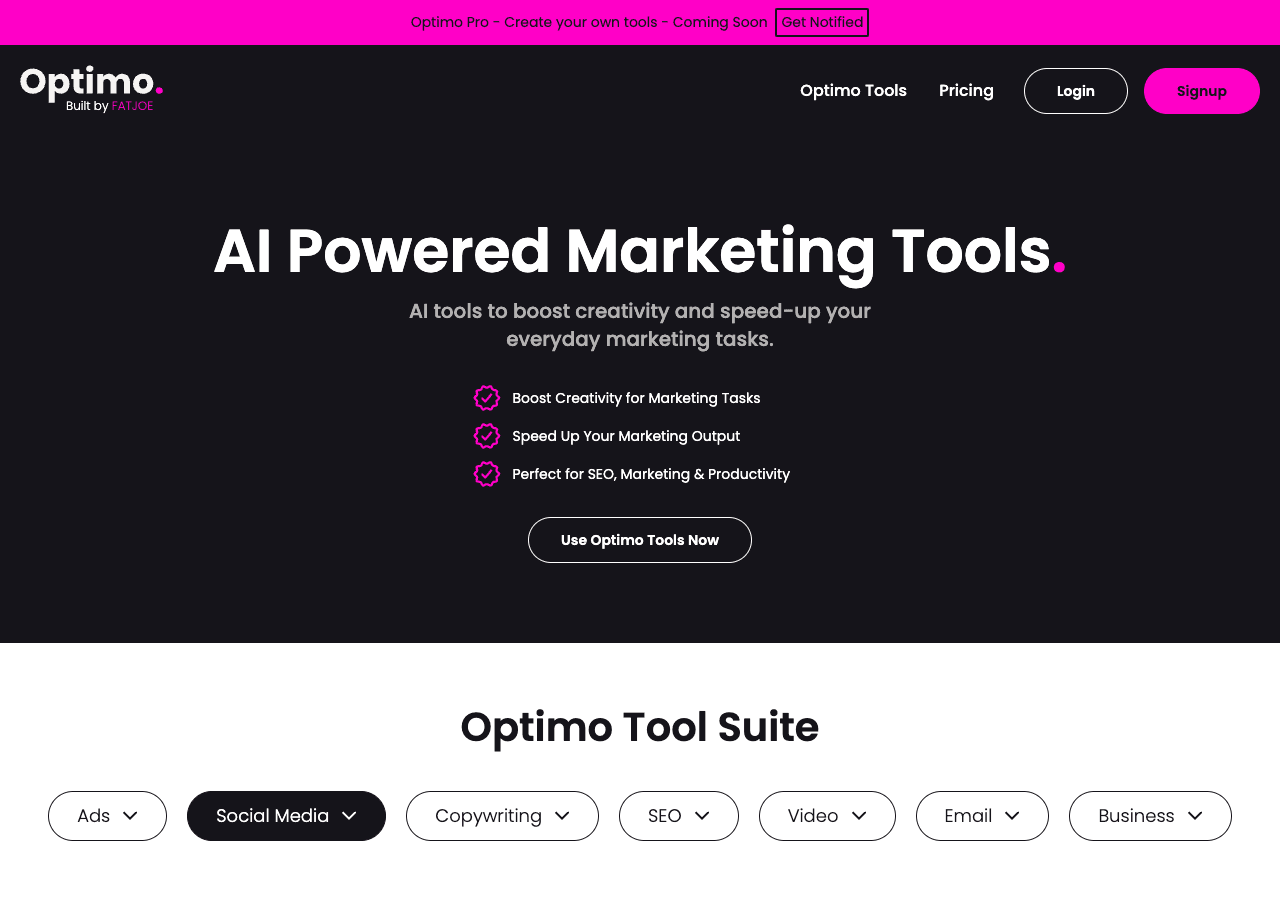 Optimo Marketing Automation showing Marketing Automation - AI tools to boost creativity and speed-up your everyday marketing