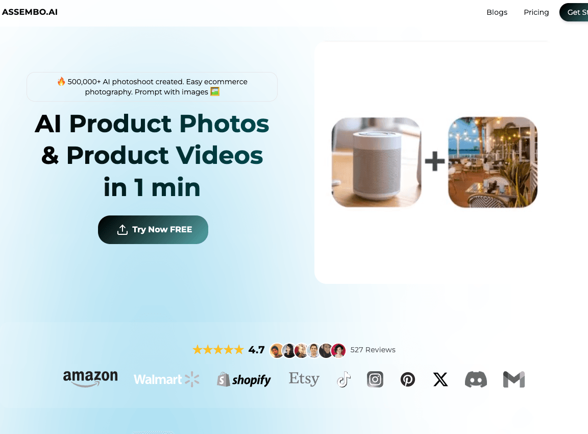 Assembo.ai Image Generation showing Image Generation - AI product photos and videos for stunning e-commerce visuals in 1 minu