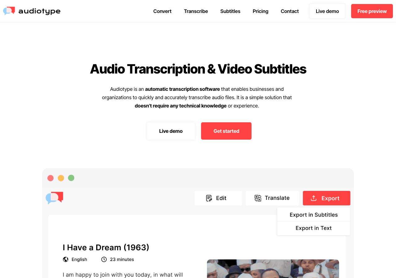 Audiotype Conversational AI showing Conversational AI - Transforming audio into text seamlessly.