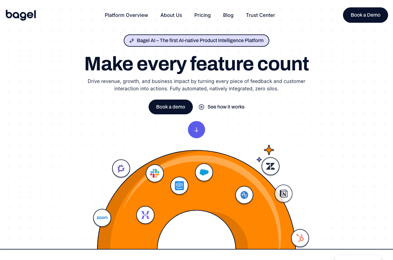 Bagel AI Conversational AI showing Conversational AI - From scattered signals to revenue-driving product decisions