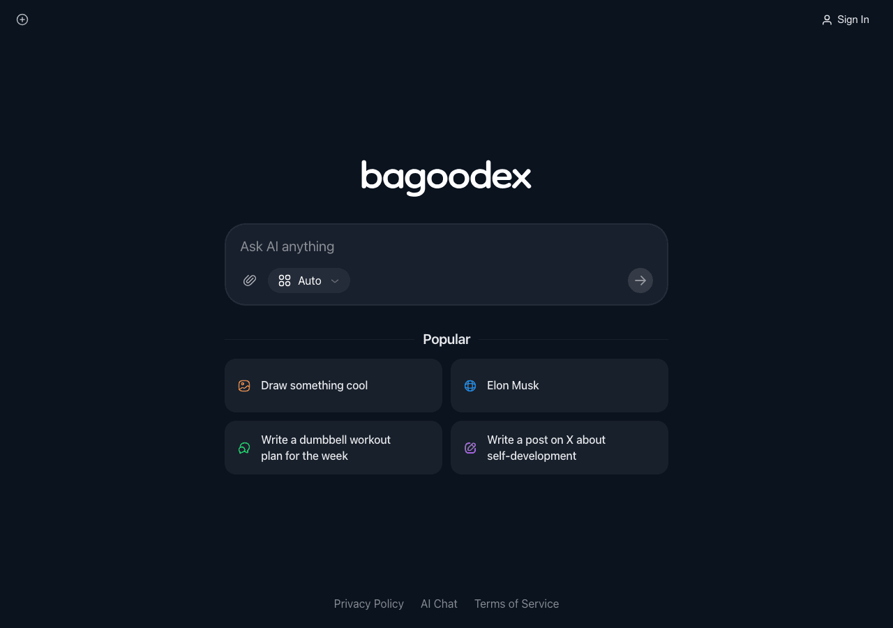 Bagoodex Conversational AI showing Conversational AI - AI Search and Chat, Simplified