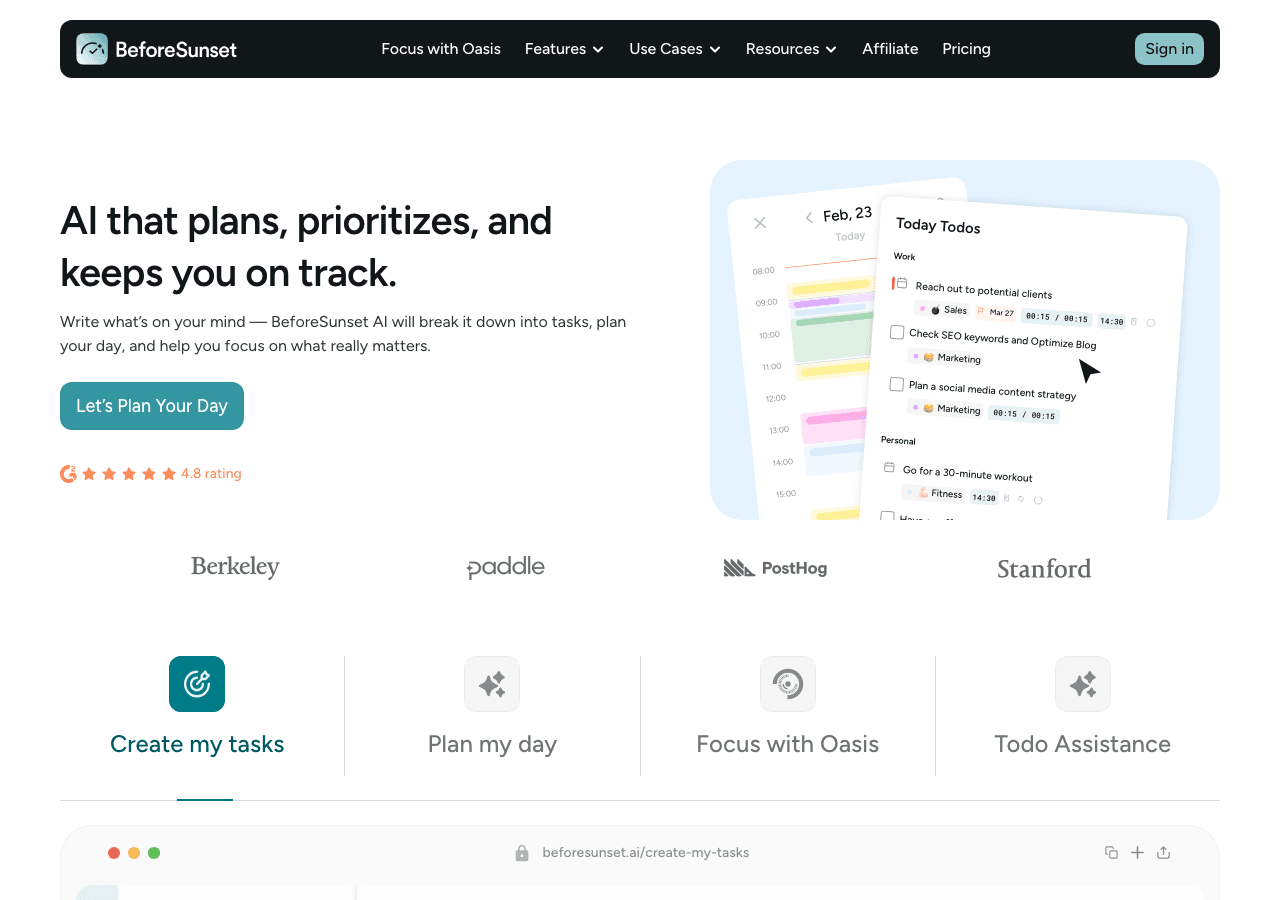 BeforeSunset AI Productivity & Collaboration showing Productivity & Collaboration - AI-powered daily planning that helps you