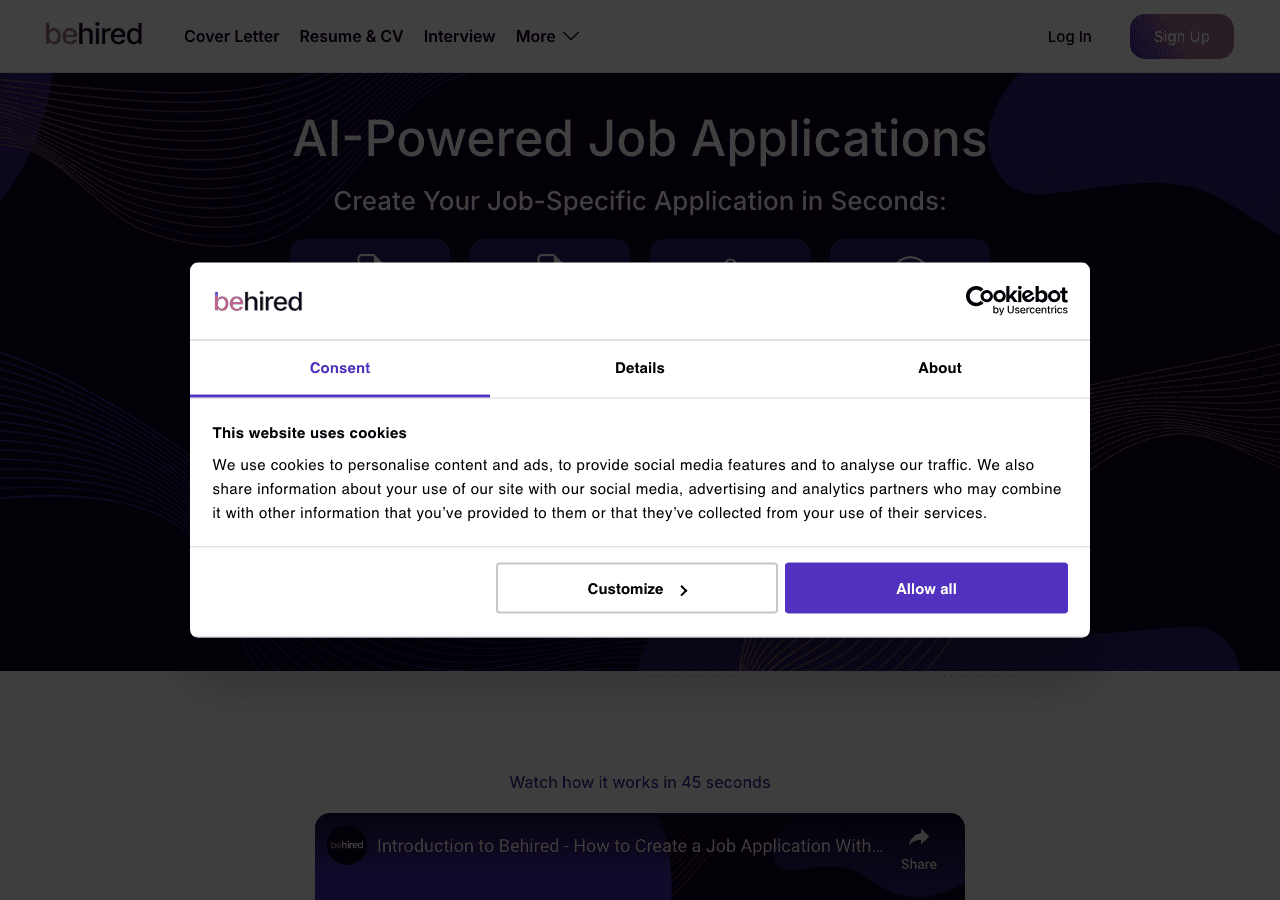 Behired Conversational AI showing Conversational AI - Your AI-powered job application assistant