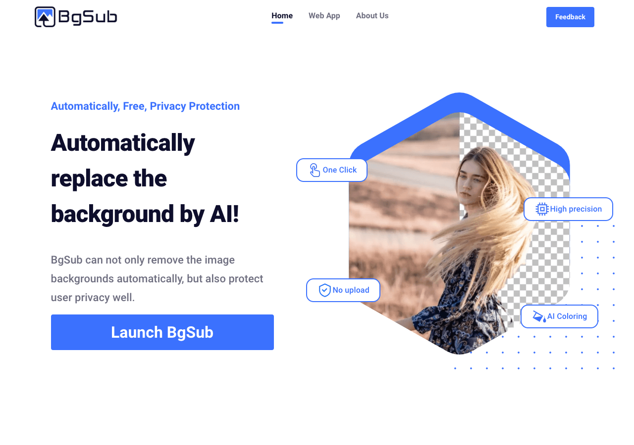 BgSub Design showing Design - Remove or Replace Image Backgrounds Instantly, No Upload Needed