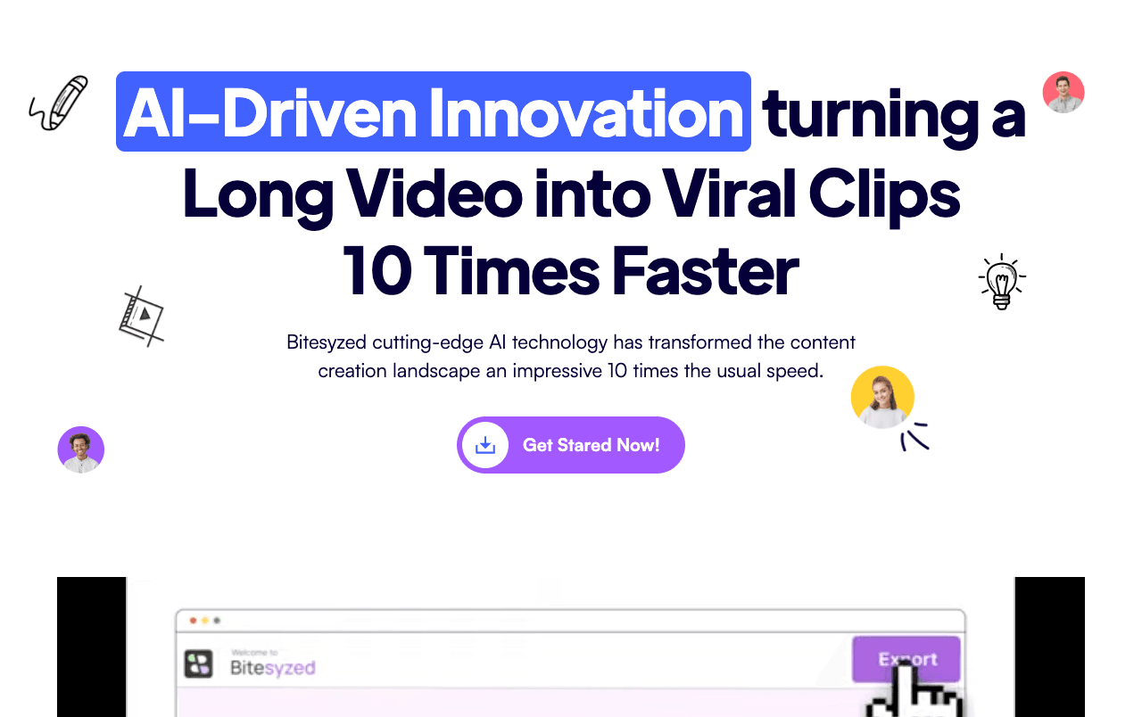 BiteSyzed Video Editing showing Video Editing - Turn long videos into viral clips with AI