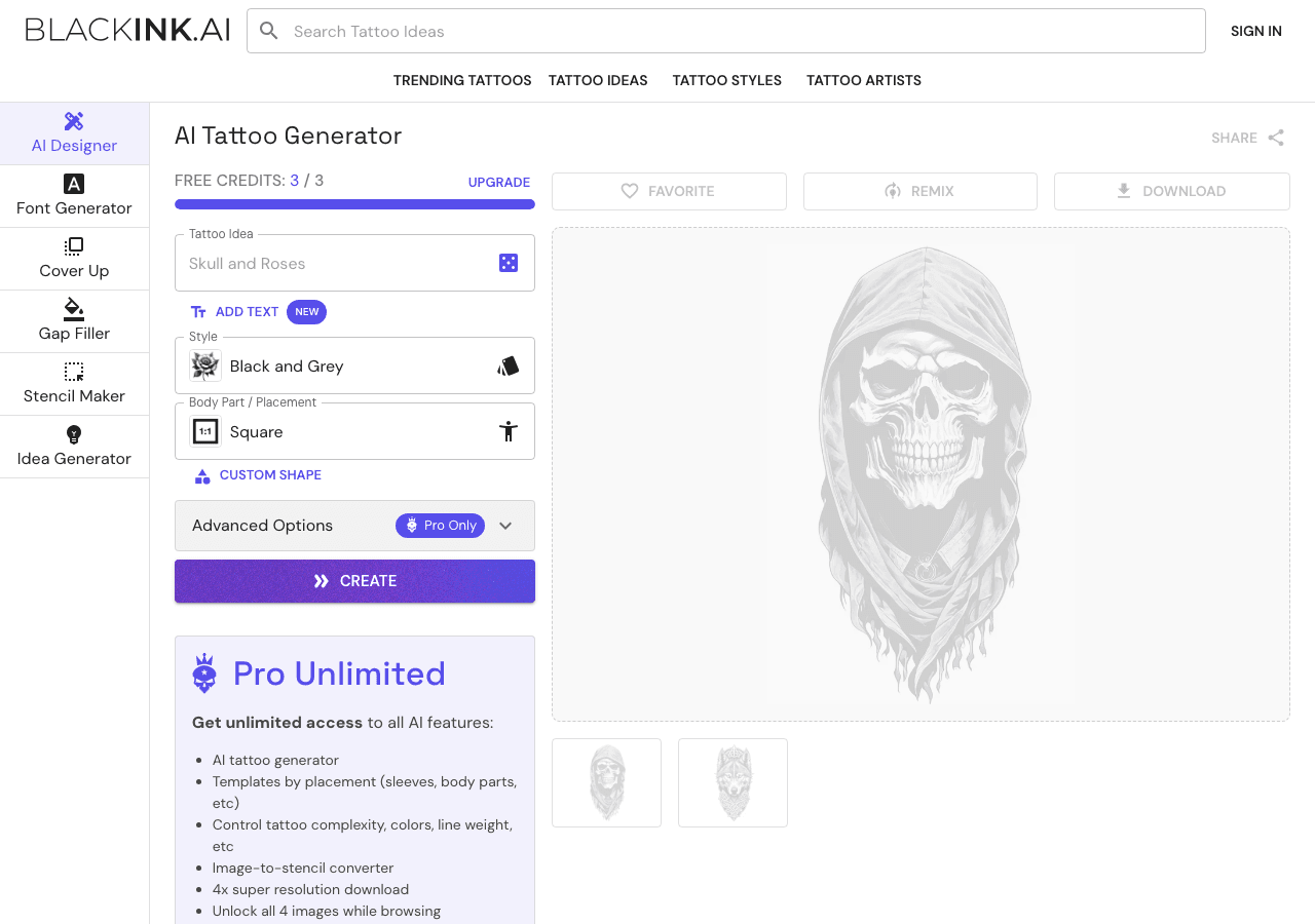 BlackInk AI Image Generation showing Image Generation - AI-powered tattoo design in seconds