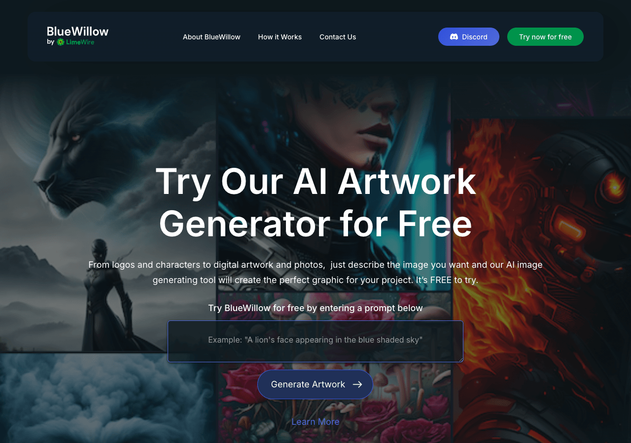 BlueWillow Image Generation showing Image Generation - Create amazing AI art from text prompts—free and easy on Discord.