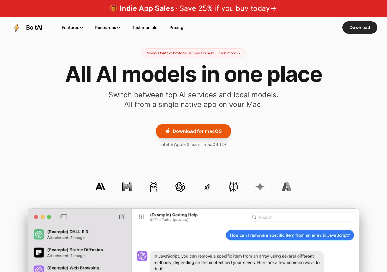 BoltAI Conversational AI showing Conversational AI - Native, private, and powerful AI for your Mac