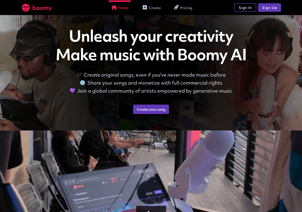 Boomy Audio Generation showing ai music generation - Make, customize, and release music with AI—instantly.