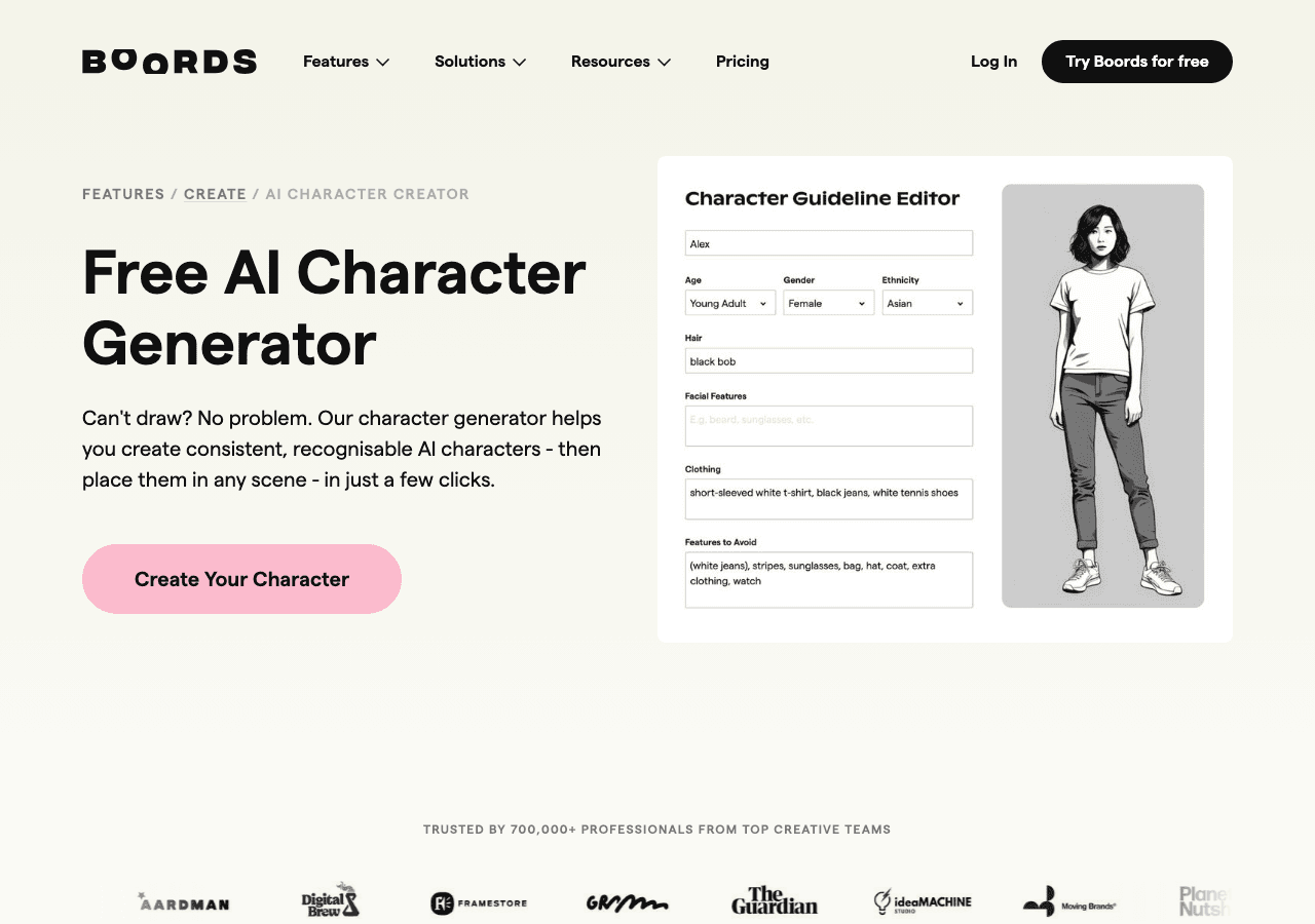Boords AI Character Generator Design showing Design - Consistent AI-powered character creation for storyboards and creative p