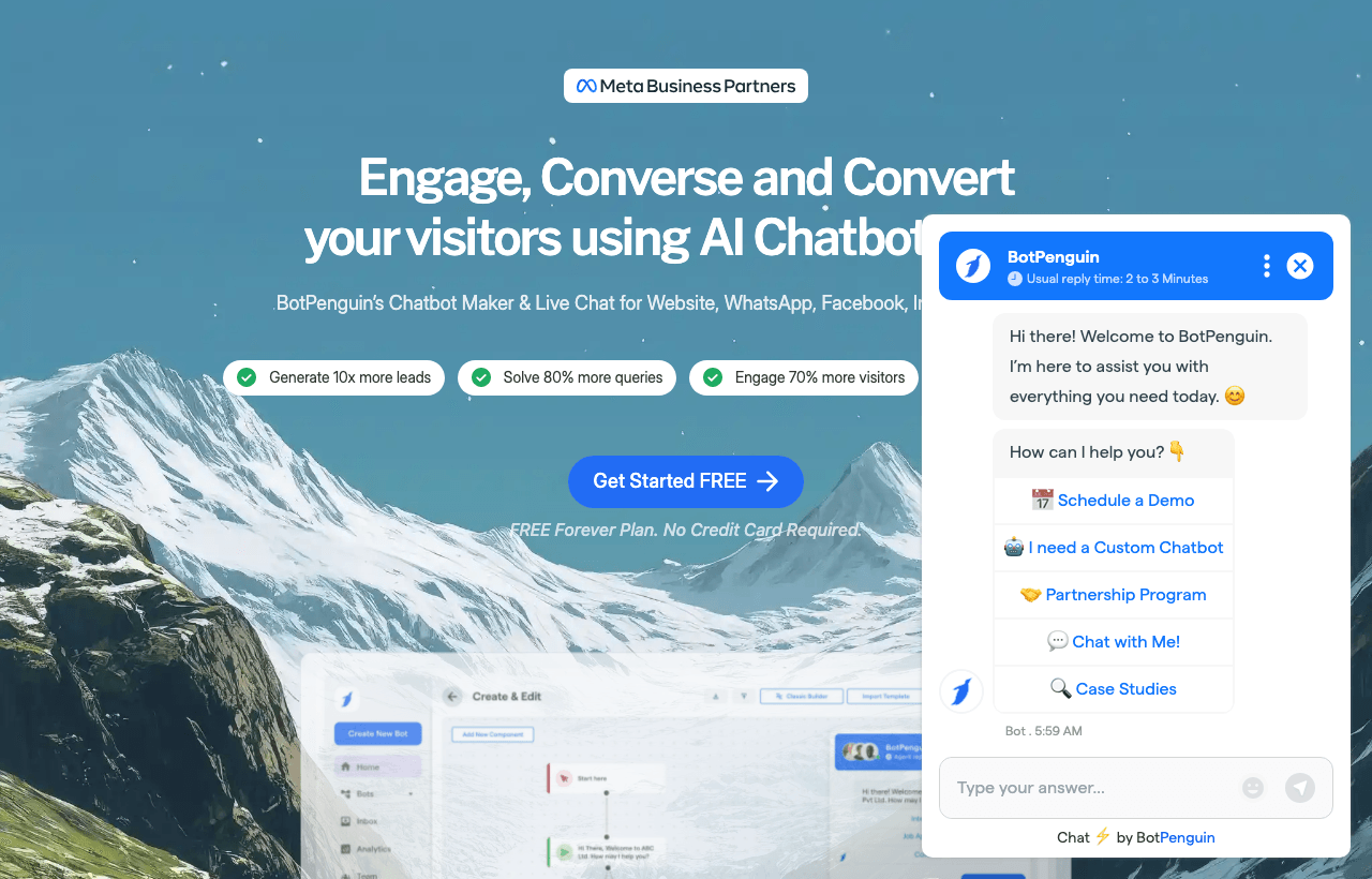 BotPenguin Conversational AI showing Conversational AI - Omnichannel AI chatbots for customer engagement, automation, and sup