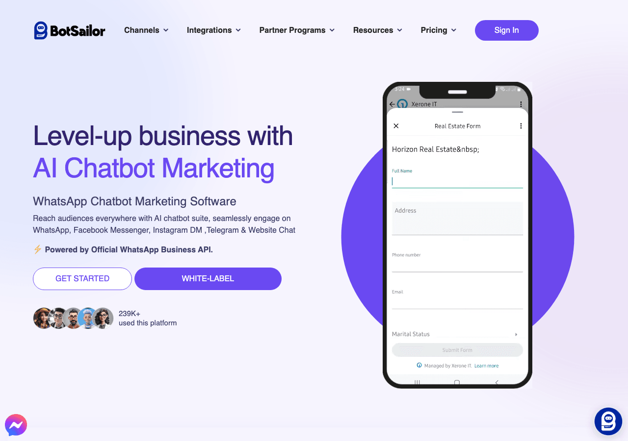 BotSailor Conversational AI showing Conversational AI - Sail through automation with BotSailor