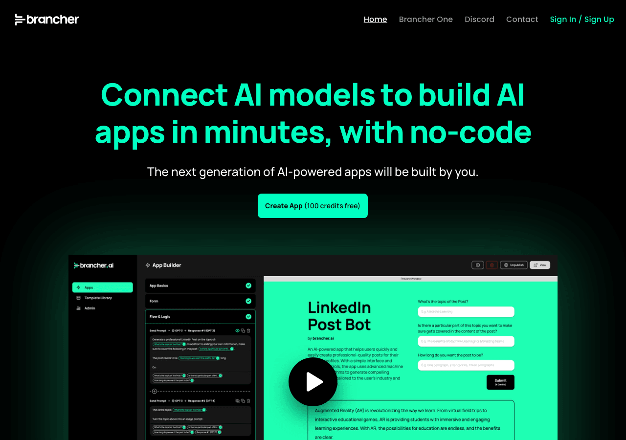 Brancher.ai Productivity & Collaboration showing Productivity & Collaboration - Connect AI models. Build powerful apps. No co