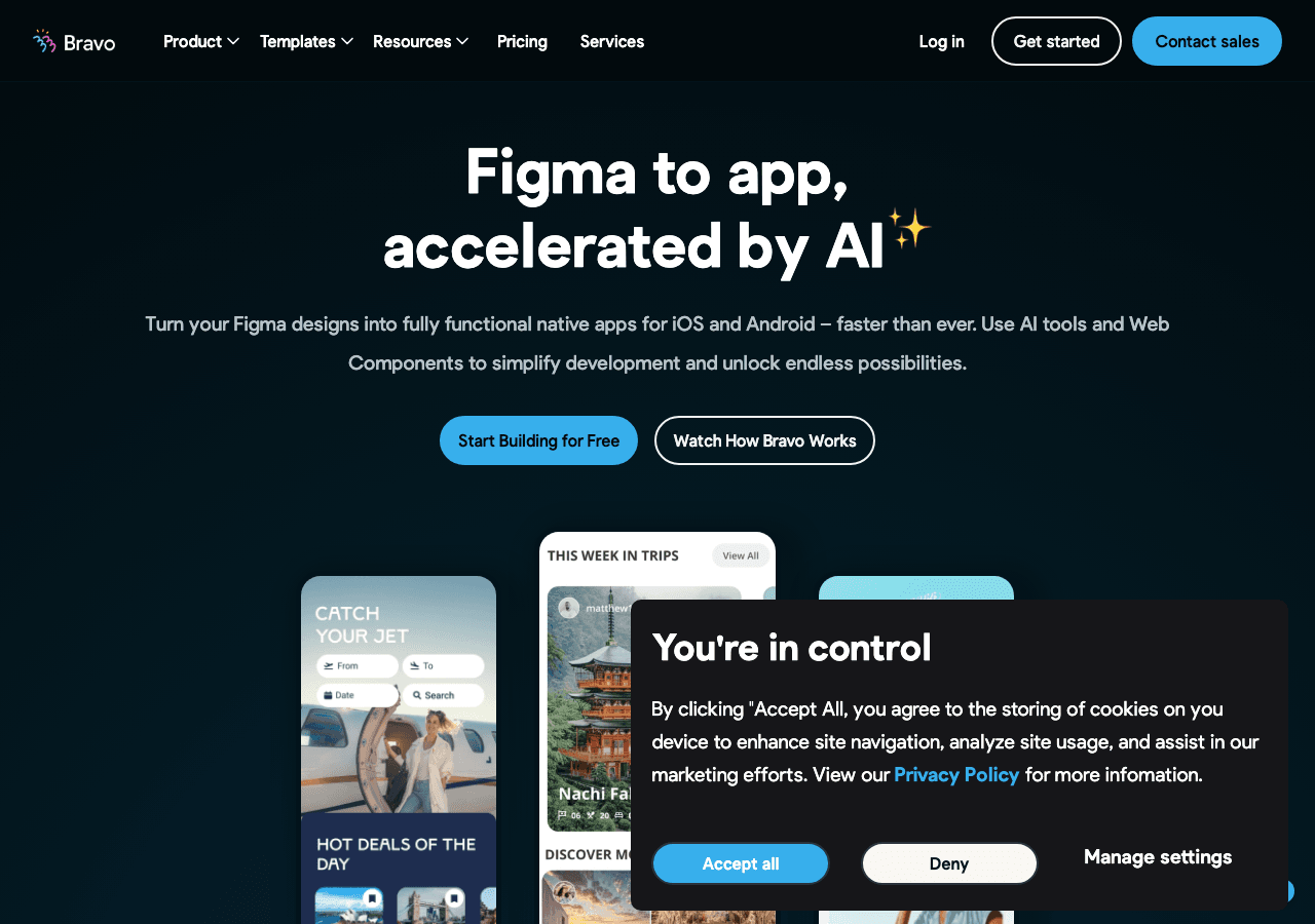 Bravo Studio Design showing Design - Turn your Figma designs into native apps—instantly, without code.