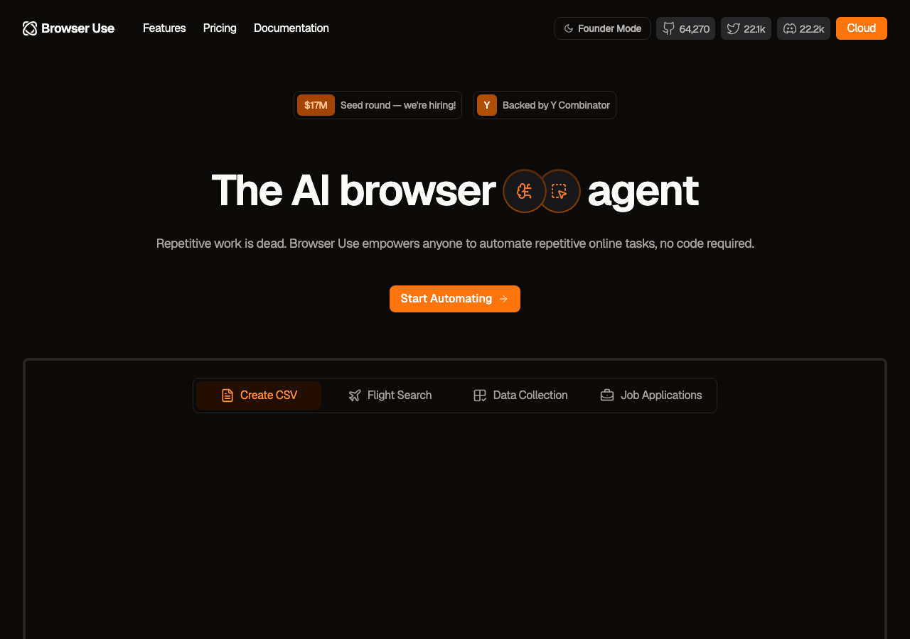 Browser Use Code Assistance showing Code Assistance - Automate your online tasks—no code required