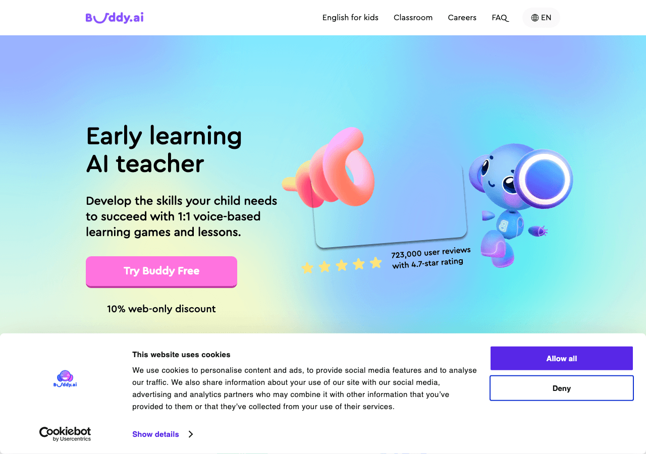 buddy.ai Conversational AI showing Conversational AI - AI-powered cartoon tutor for kids learning English